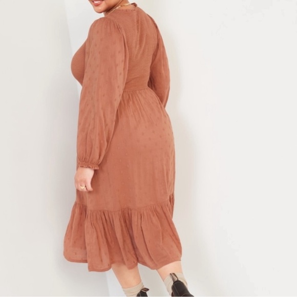Old Navy Long Sleeve Fit Flare Smocked Midi Dress Brown Rustic Western Farmhouse - Picture 5 of 11